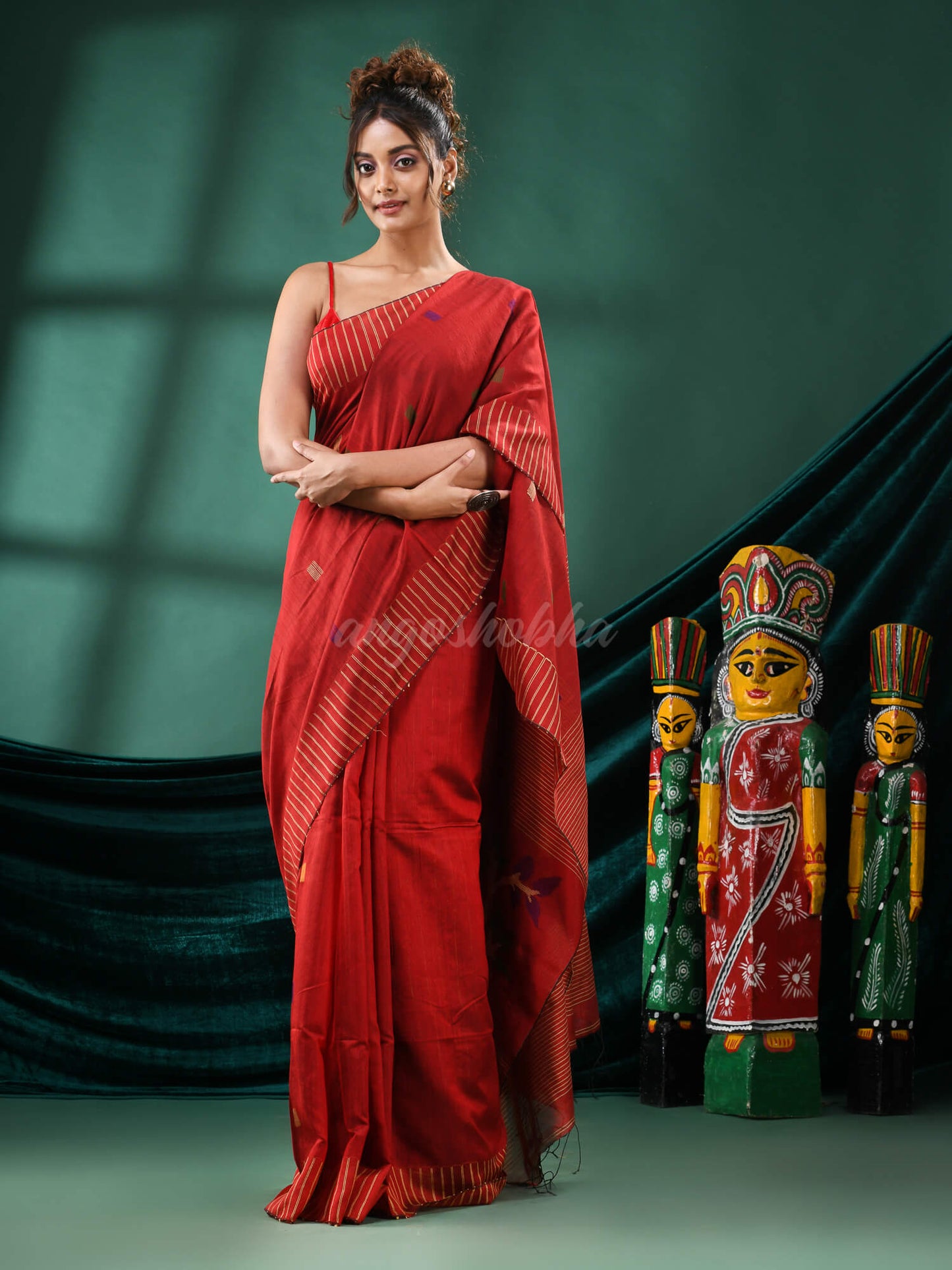 Red Cotton Blend Handloom Saree