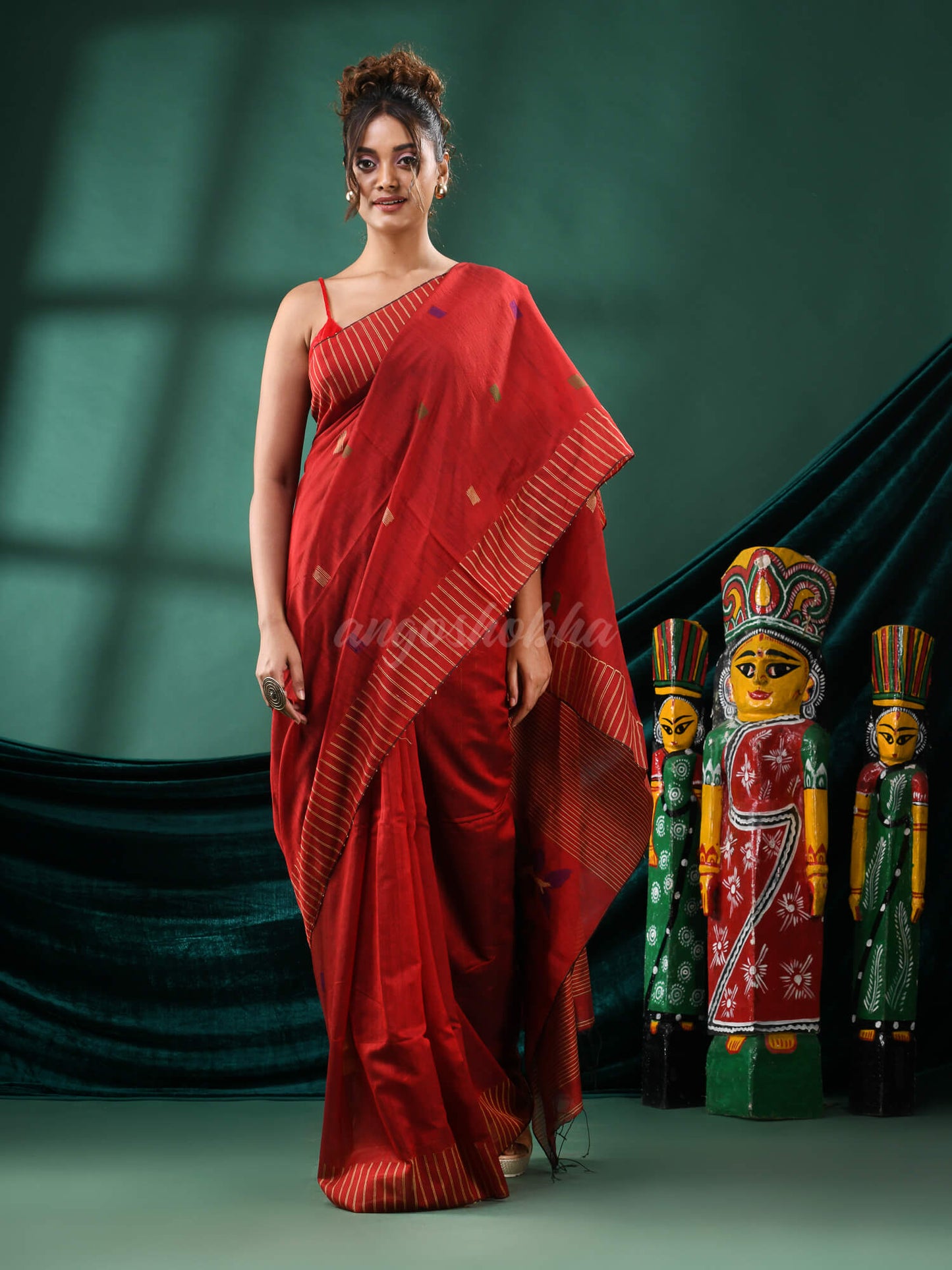 Red Cotton Blend Handloom Saree