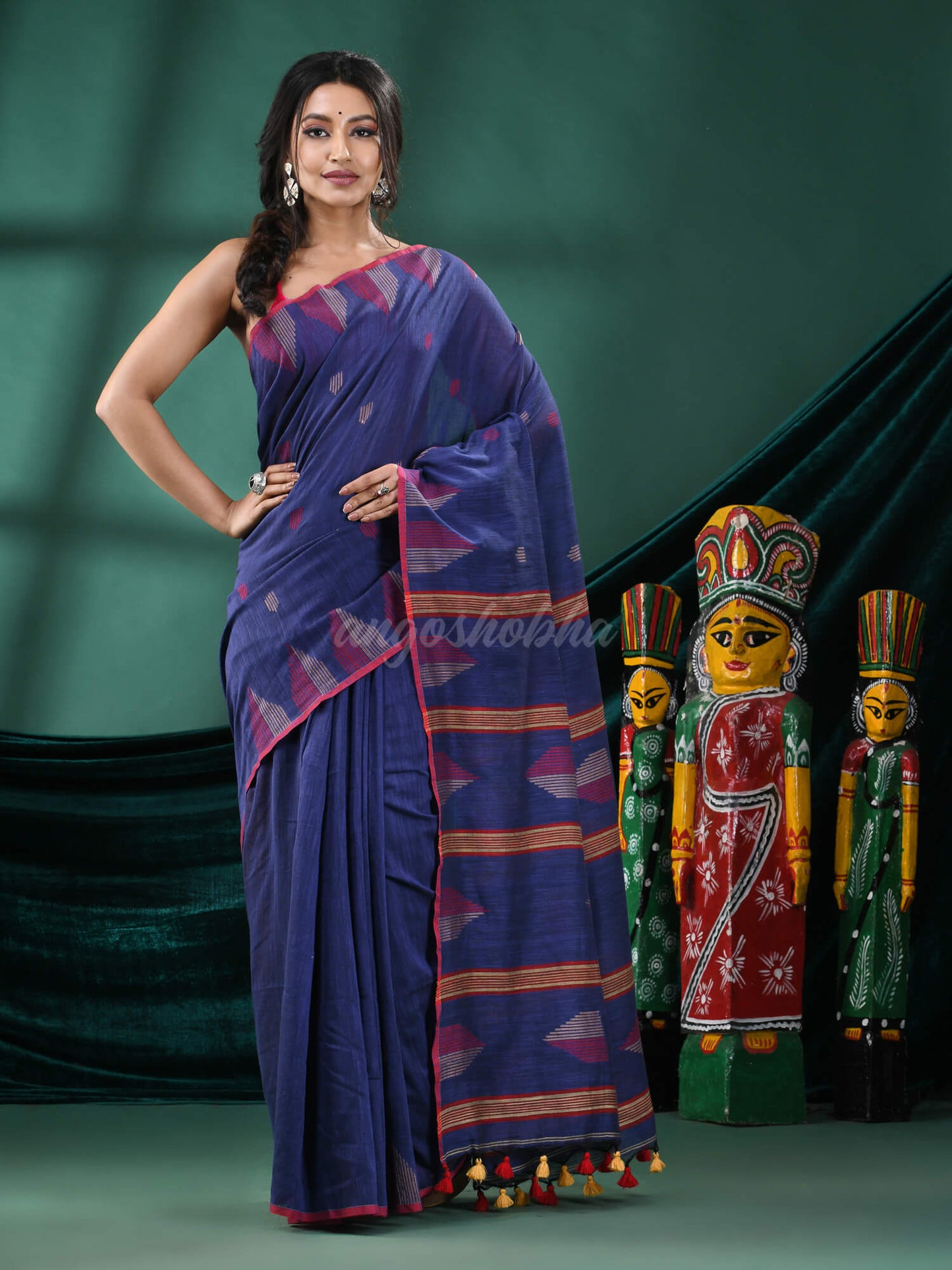 Navy Blue Cotton Handloom Saree