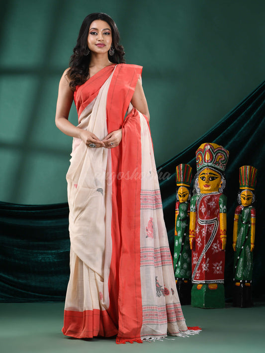 Cream Cotton Peacock Design Handloom Saree