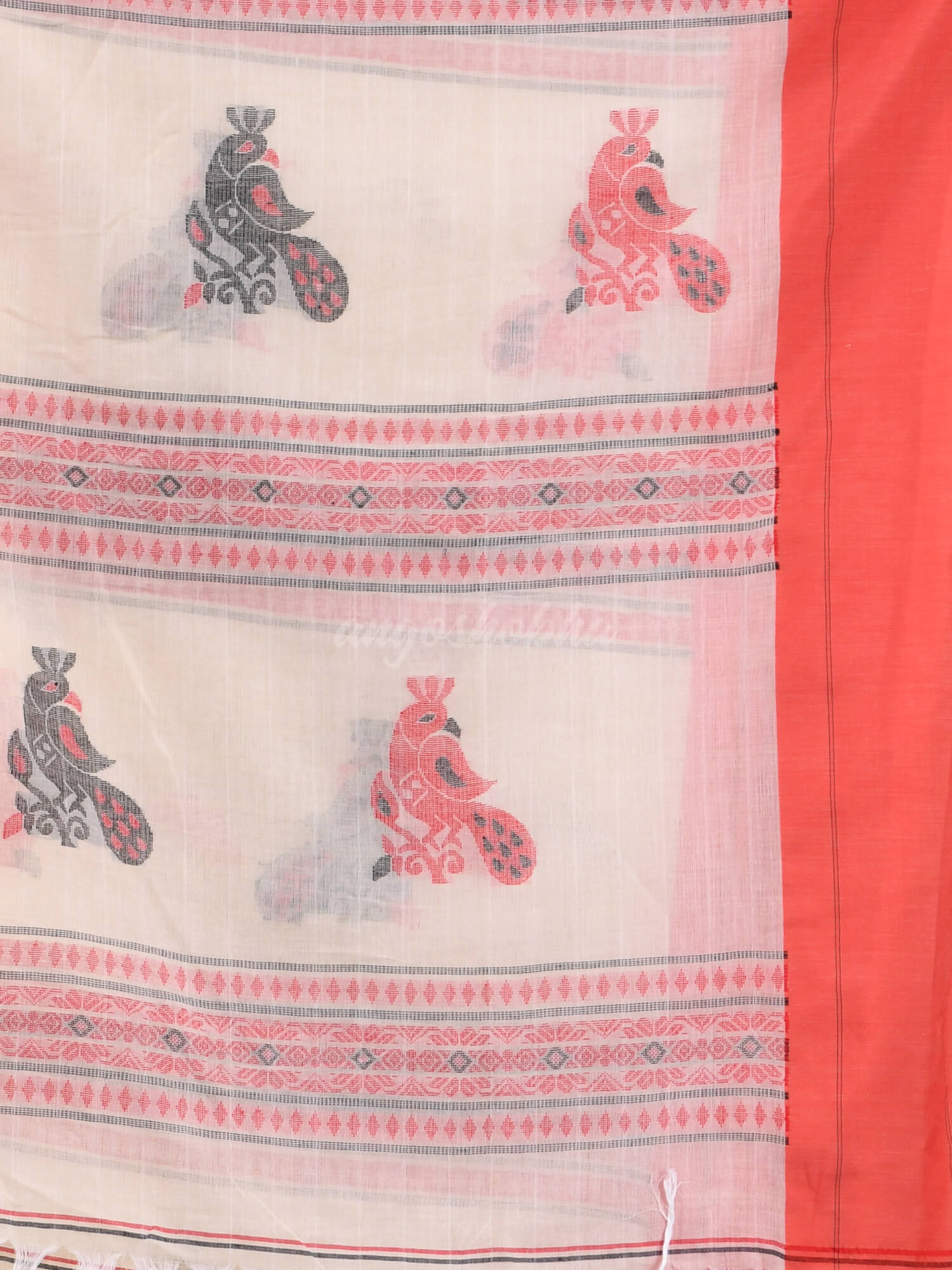Cream Cotton Peacock Design Handloom Saree