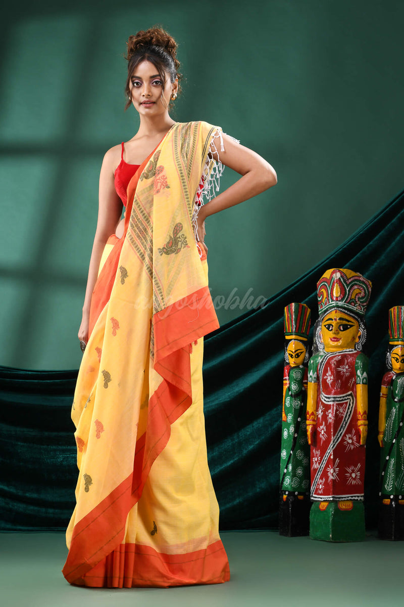Yellow Cotton Peacock Design Handloom Saree