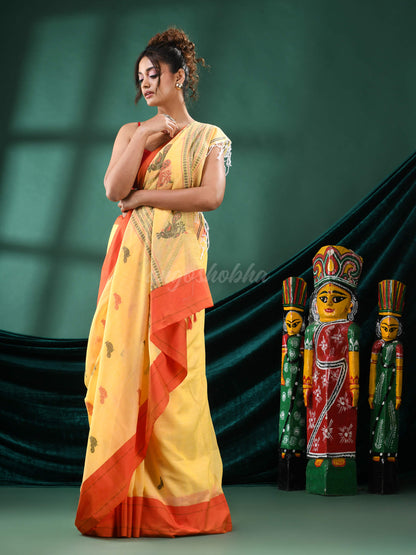 Yellow Cotton Peacock Design Handloom Saree