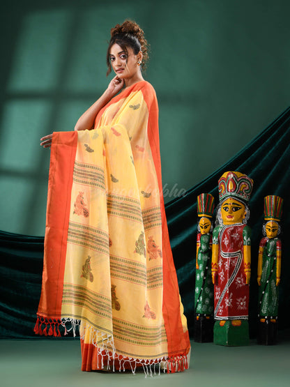 Yellow Cotton Peacock Design Handloom Saree