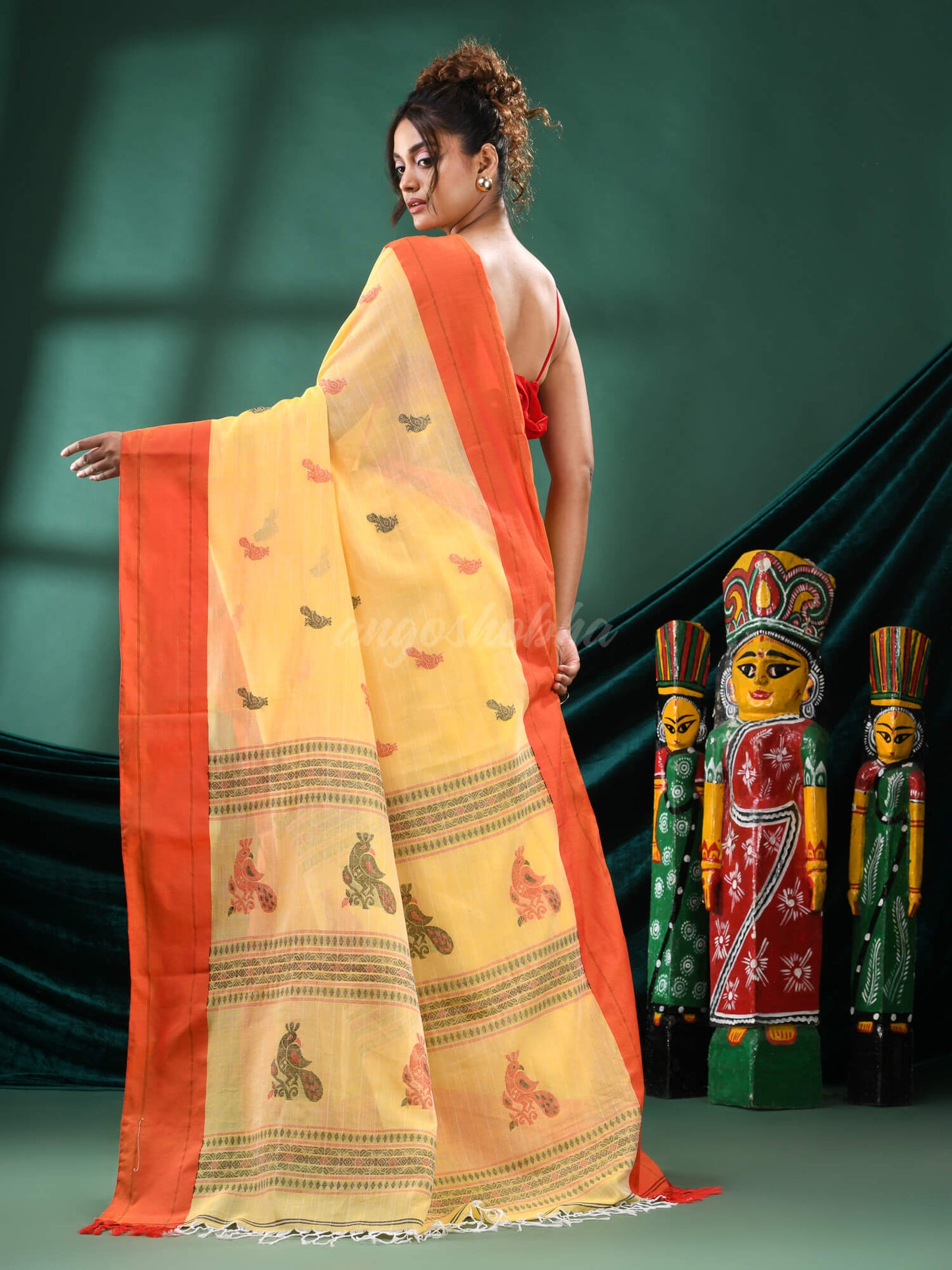 Yellow Cotton Peacock Design Handloom Saree