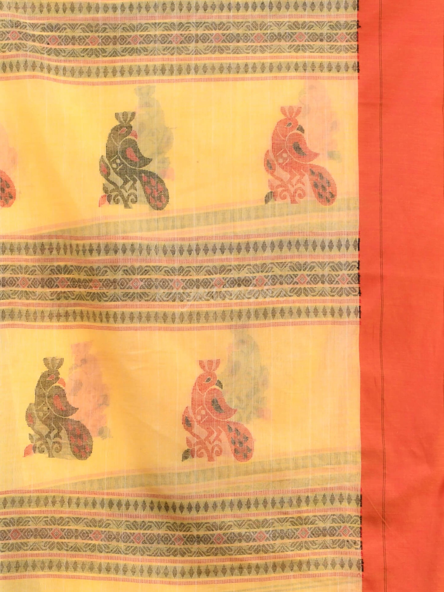 Yellow Cotton Peacock Design Handloom Saree