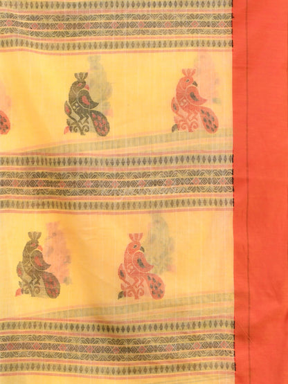 Yellow Cotton Peacock Design Handloom Saree