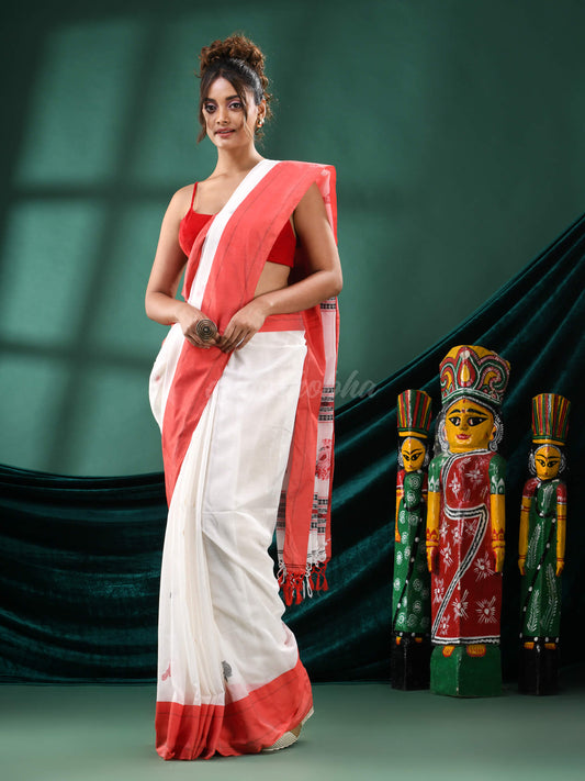 White Cotton Peacock Design Handloom Saree