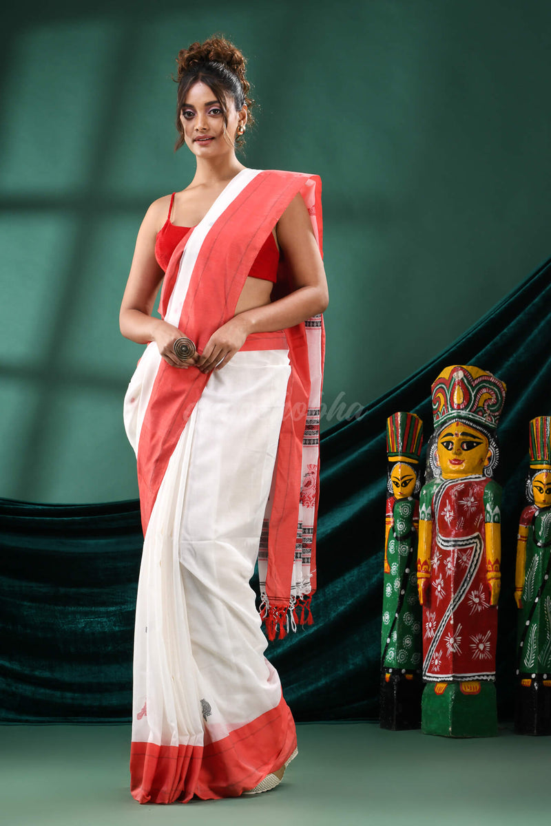 White Cotton Peacock Design Handloom Saree