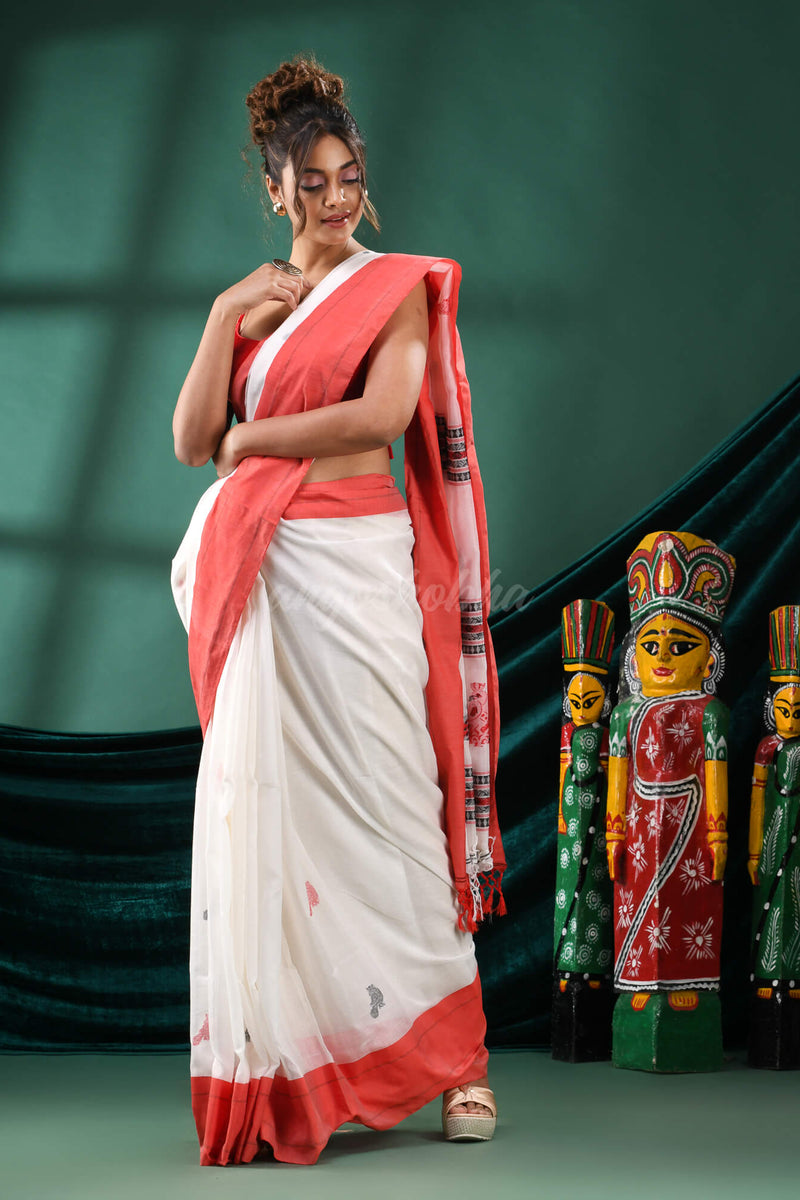 White Cotton Peacock Design Handloom Saree