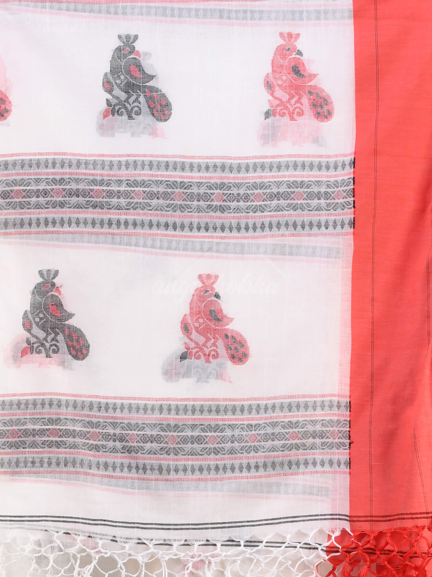 White Cotton Peacock Design Handloom Saree