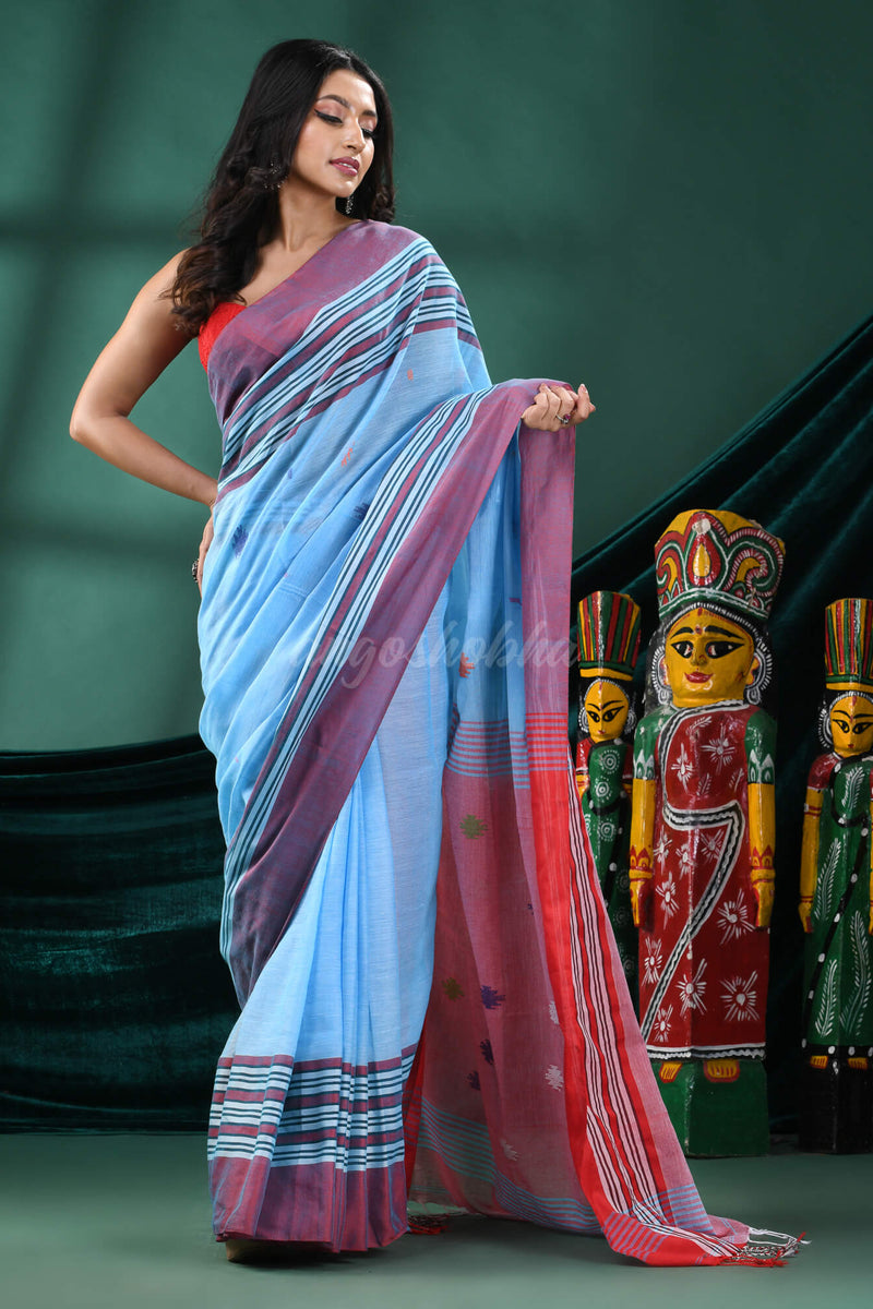 Sky Blue Cotton Handloom Saree