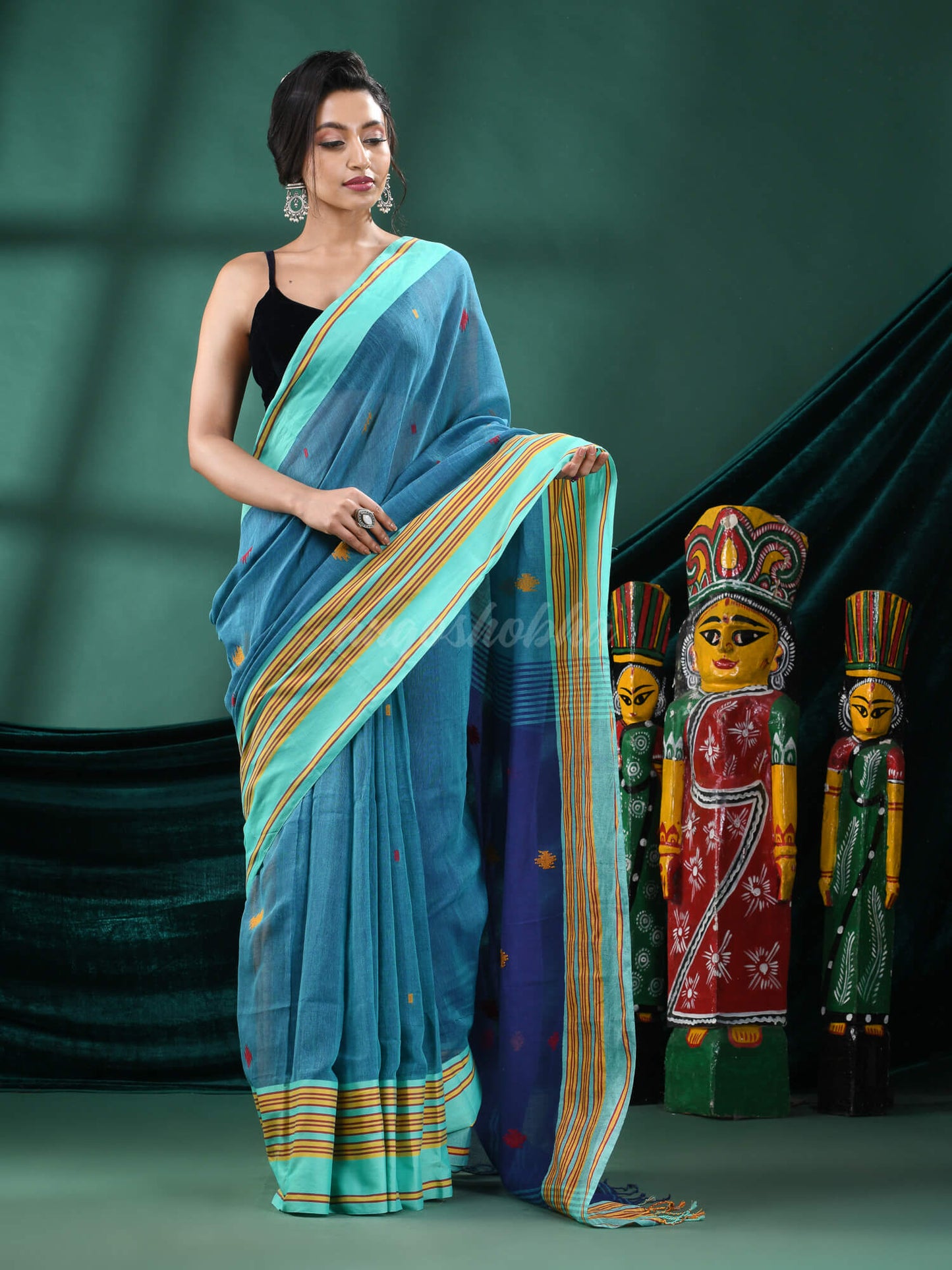 Teal Cotton Handloom Saree