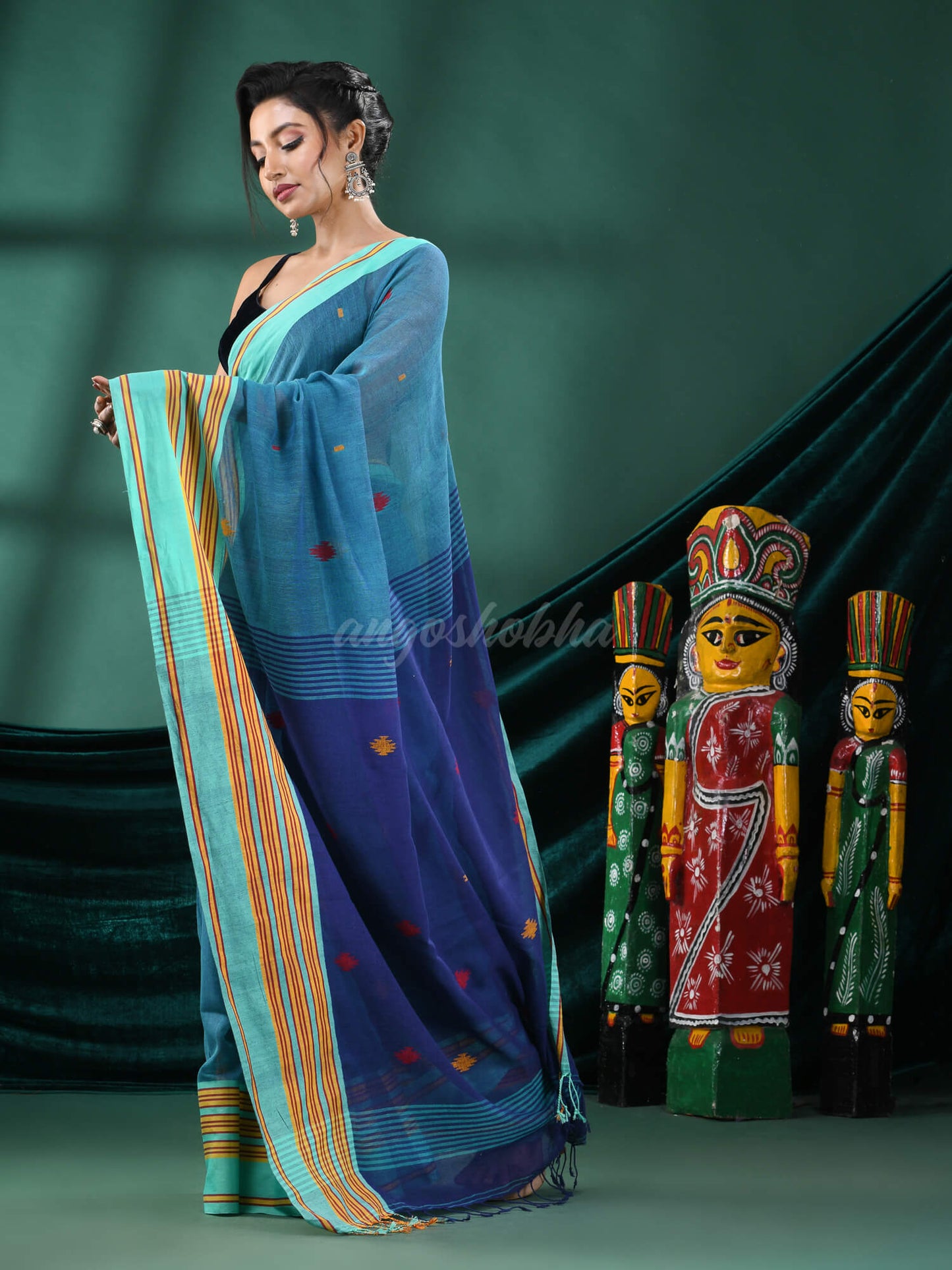 Teal Cotton Handloom Saree