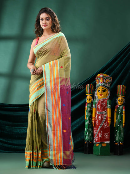 Olive Green Cotton Handloom Saree