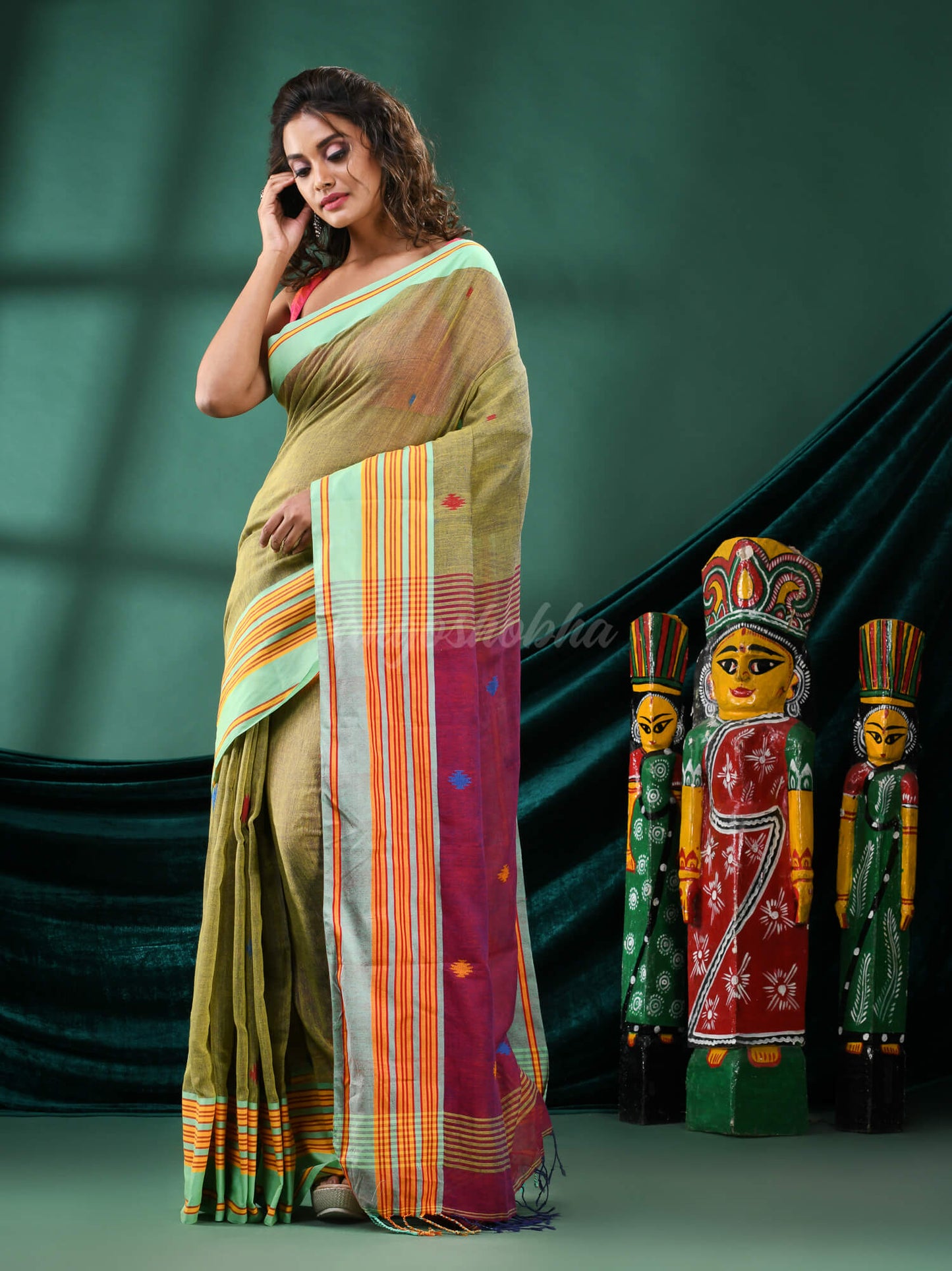 Olive Green Cotton Handloom Saree