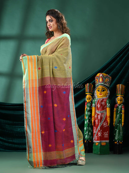 Olive Green Cotton Handloom Saree