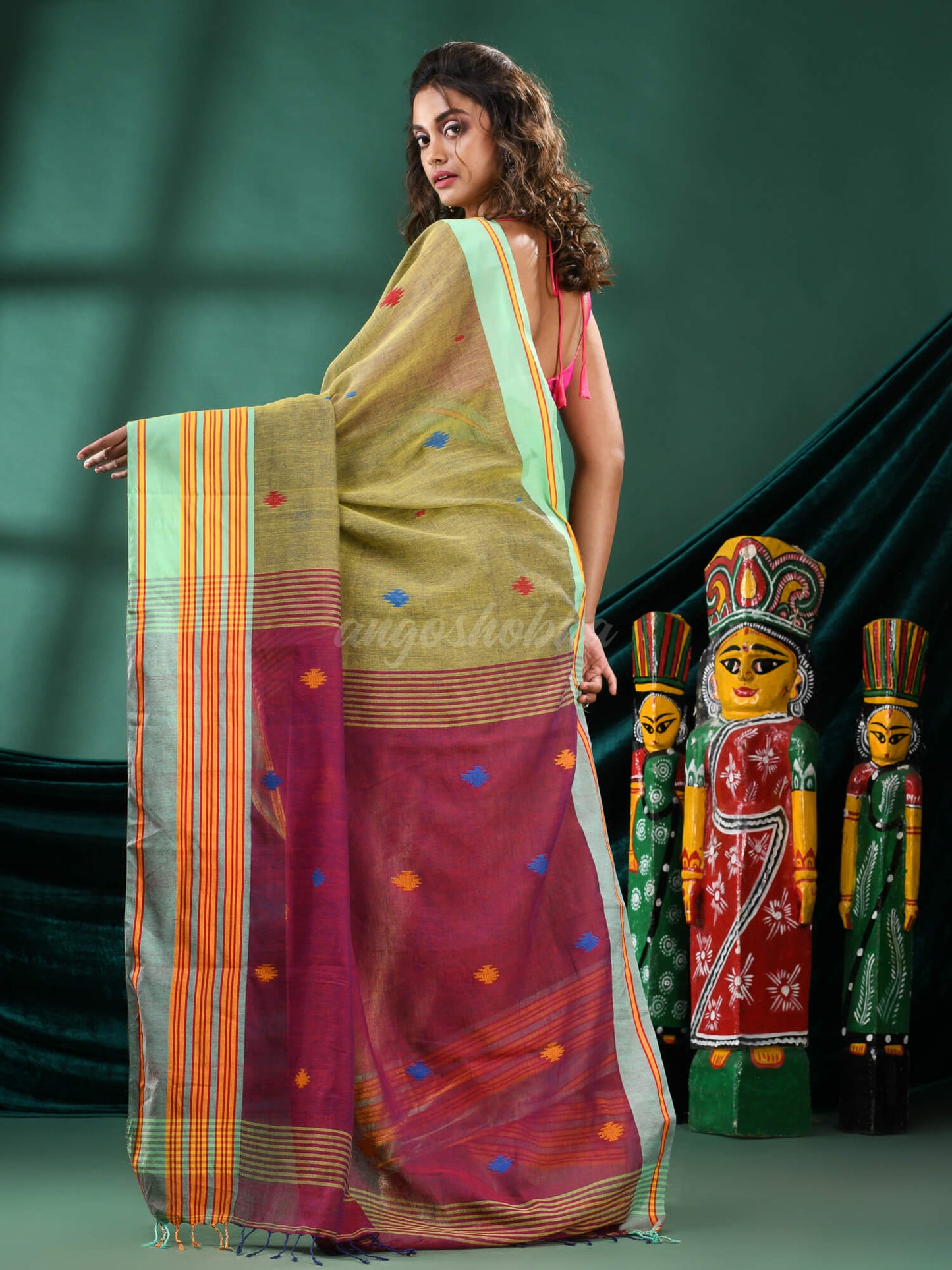 Olive Green Cotton Handloom Saree