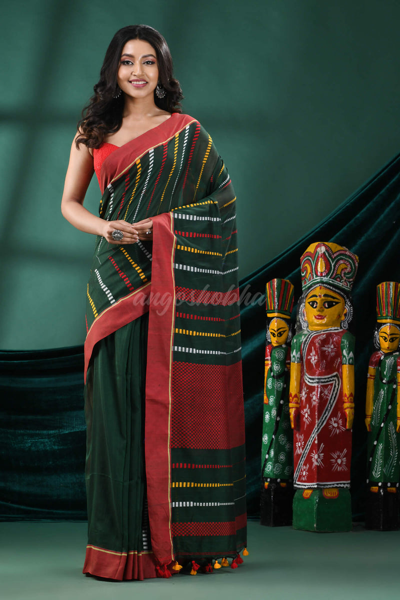 Bottle Green Cotton Handloom Saree