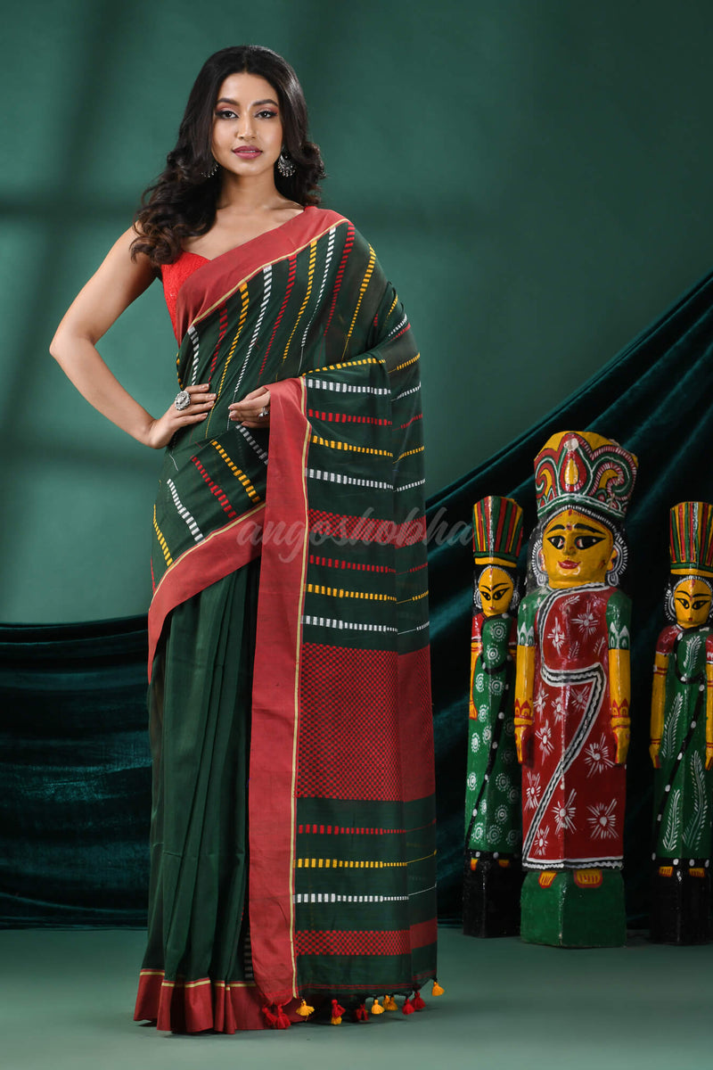 Bottle Green Cotton Handloom Saree