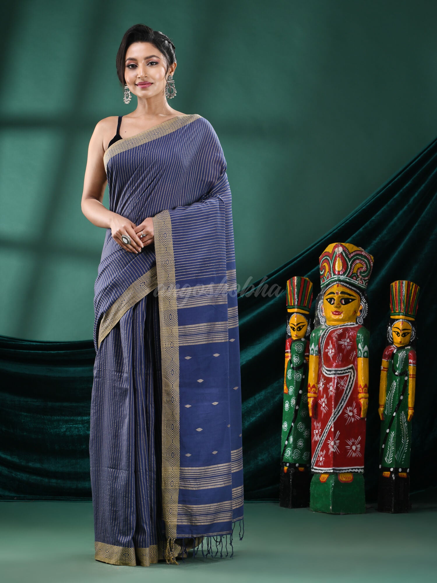 Navy Blue Cotton Handloom Saree