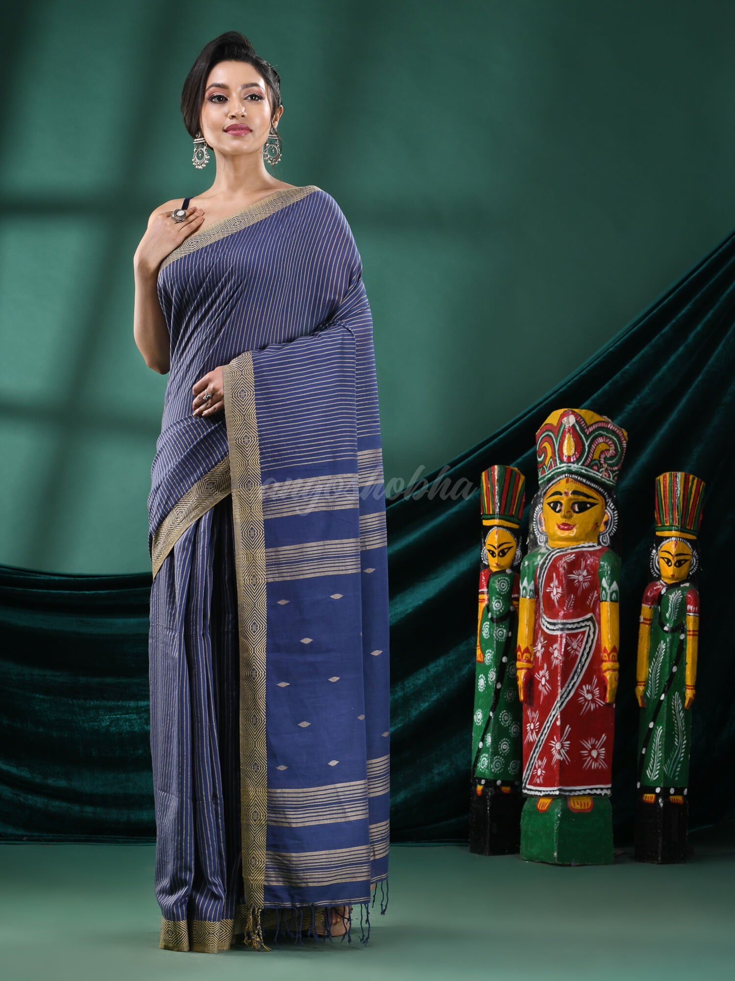 Navy Blue Cotton Handloom Saree