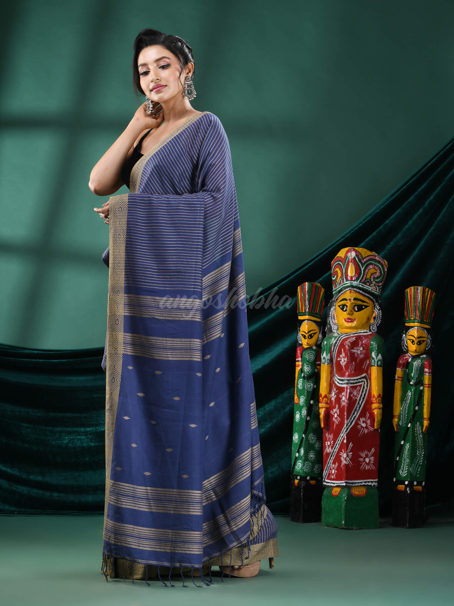 Navy Blue Cotton Handloom Saree