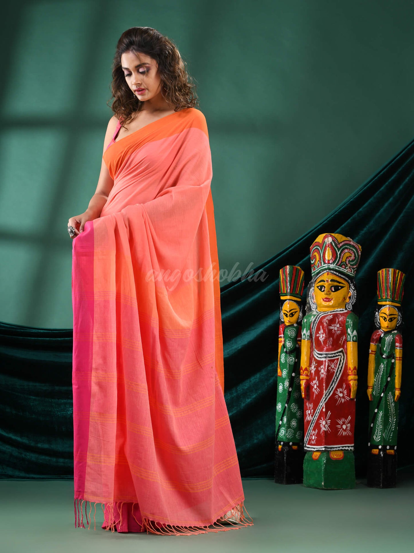 Peach Cotton Handloom Saree women