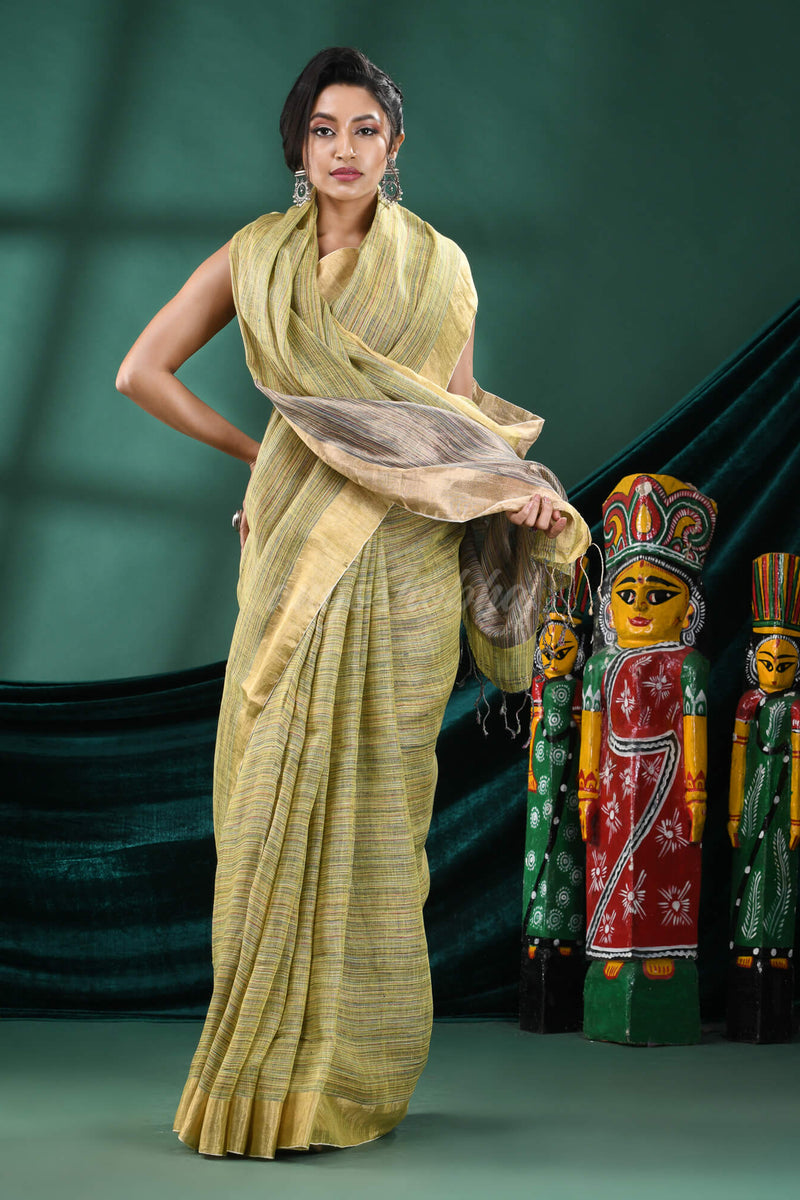 Yellow Linen Handloom Saree