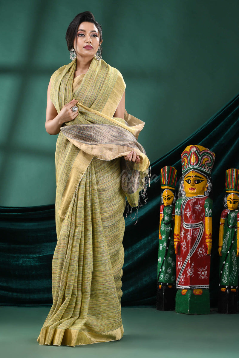Yellow Linen Handloom Saree