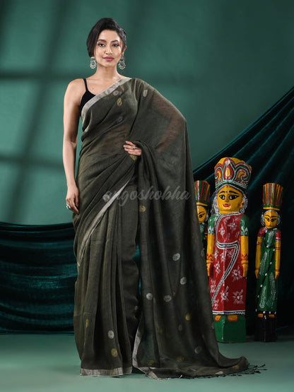 Pasta Green Linen Handloom Saree