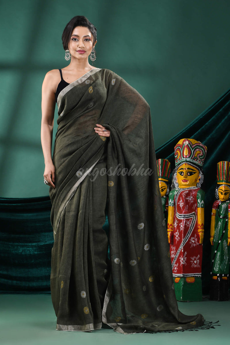 Pasta Green Linen Handloom Saree