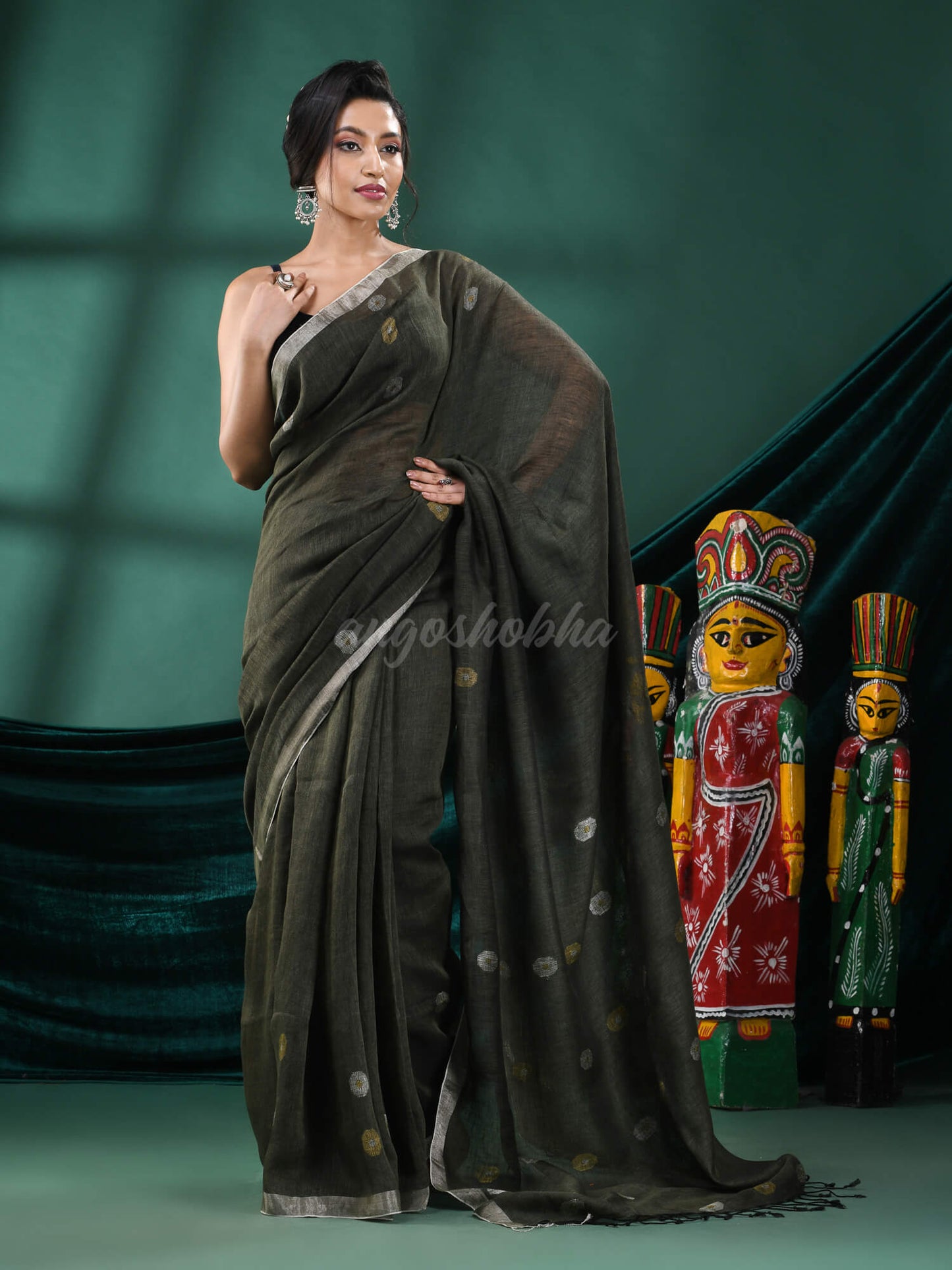 Pasta Green Linen Handloom Saree