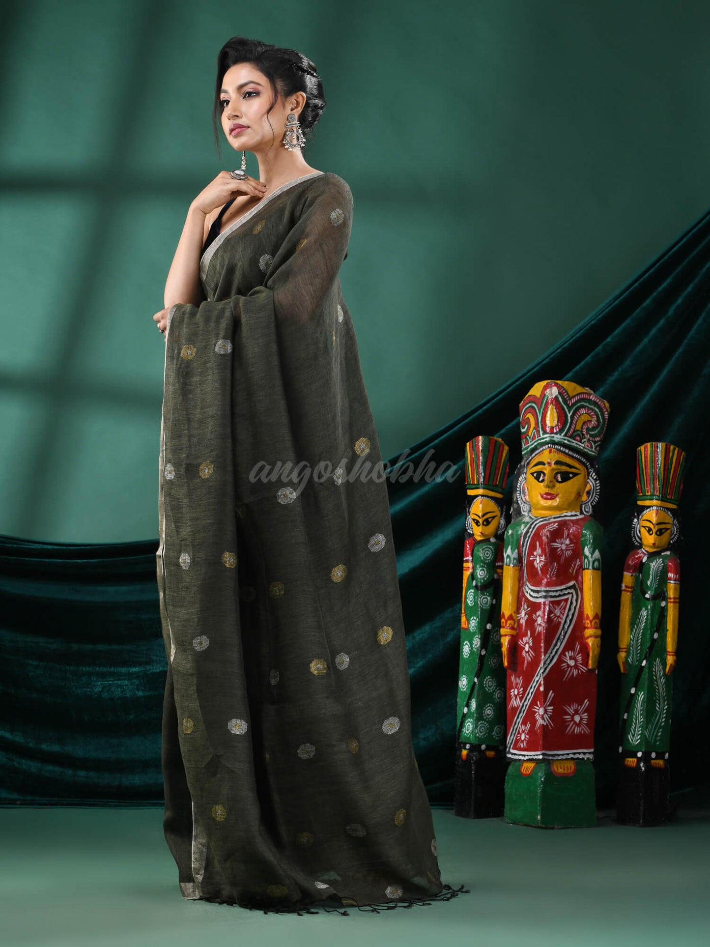 Pasta Green Linen Handloom Saree