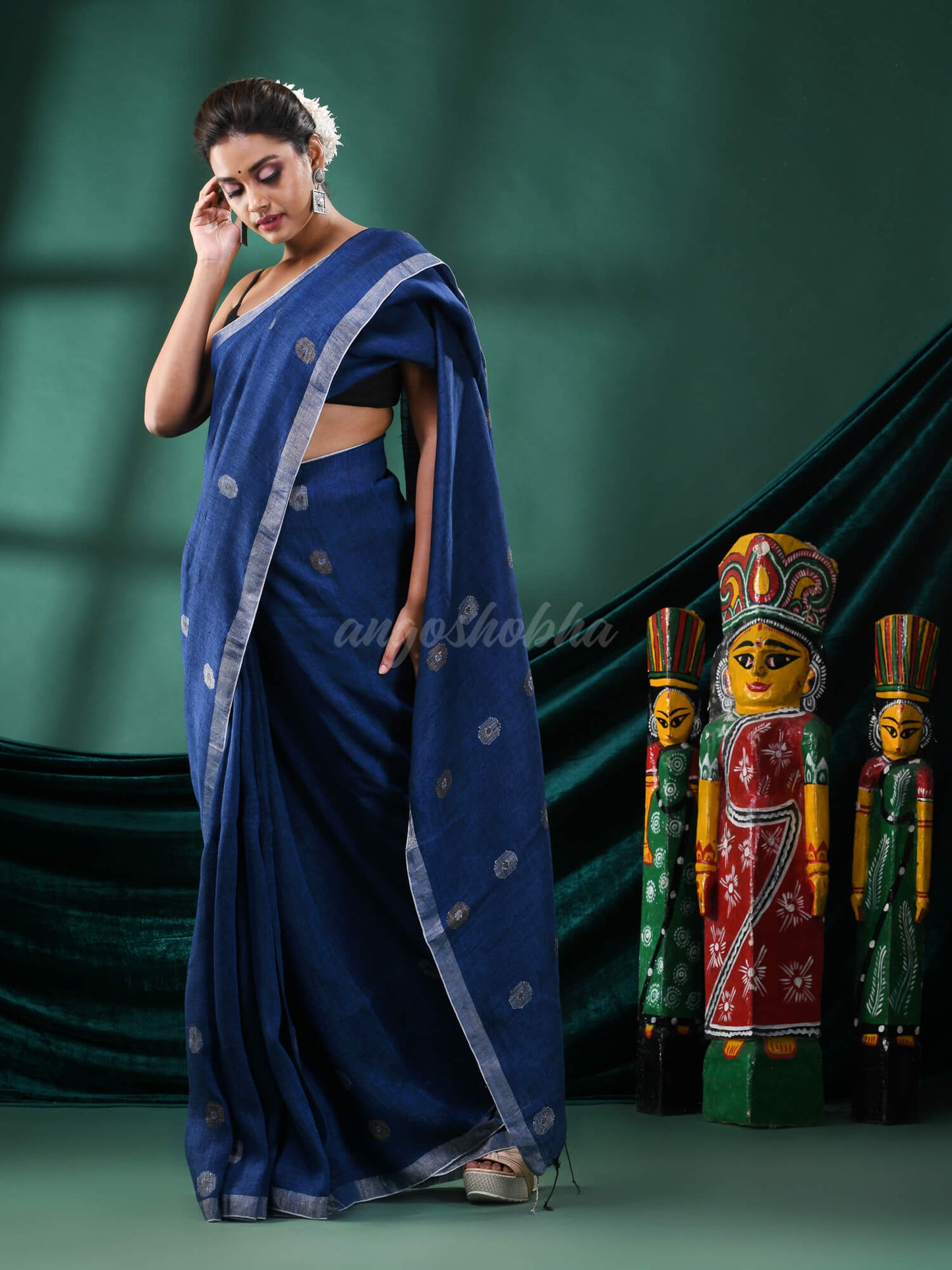 Blue Linen Handloom Saree