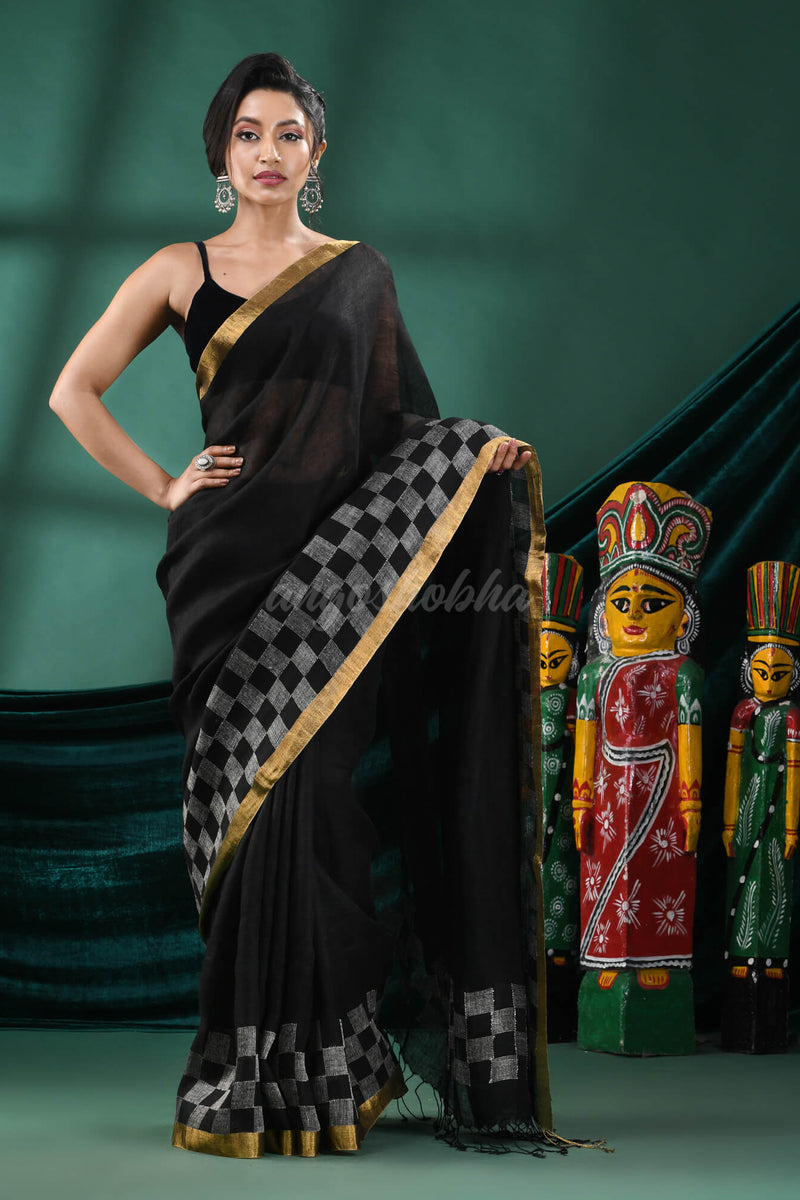Black Linen Handloom Saree