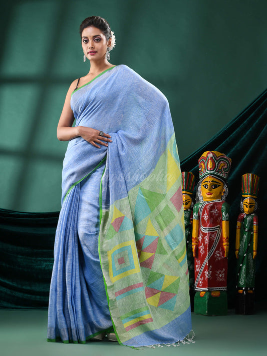 Sky Blue Linen Handloom Saree