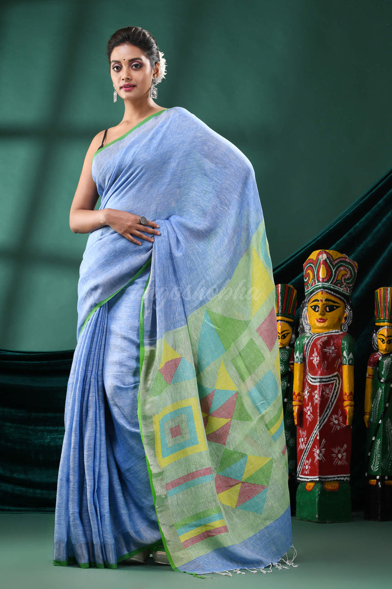 Sky Blue Linen Handloom Saree