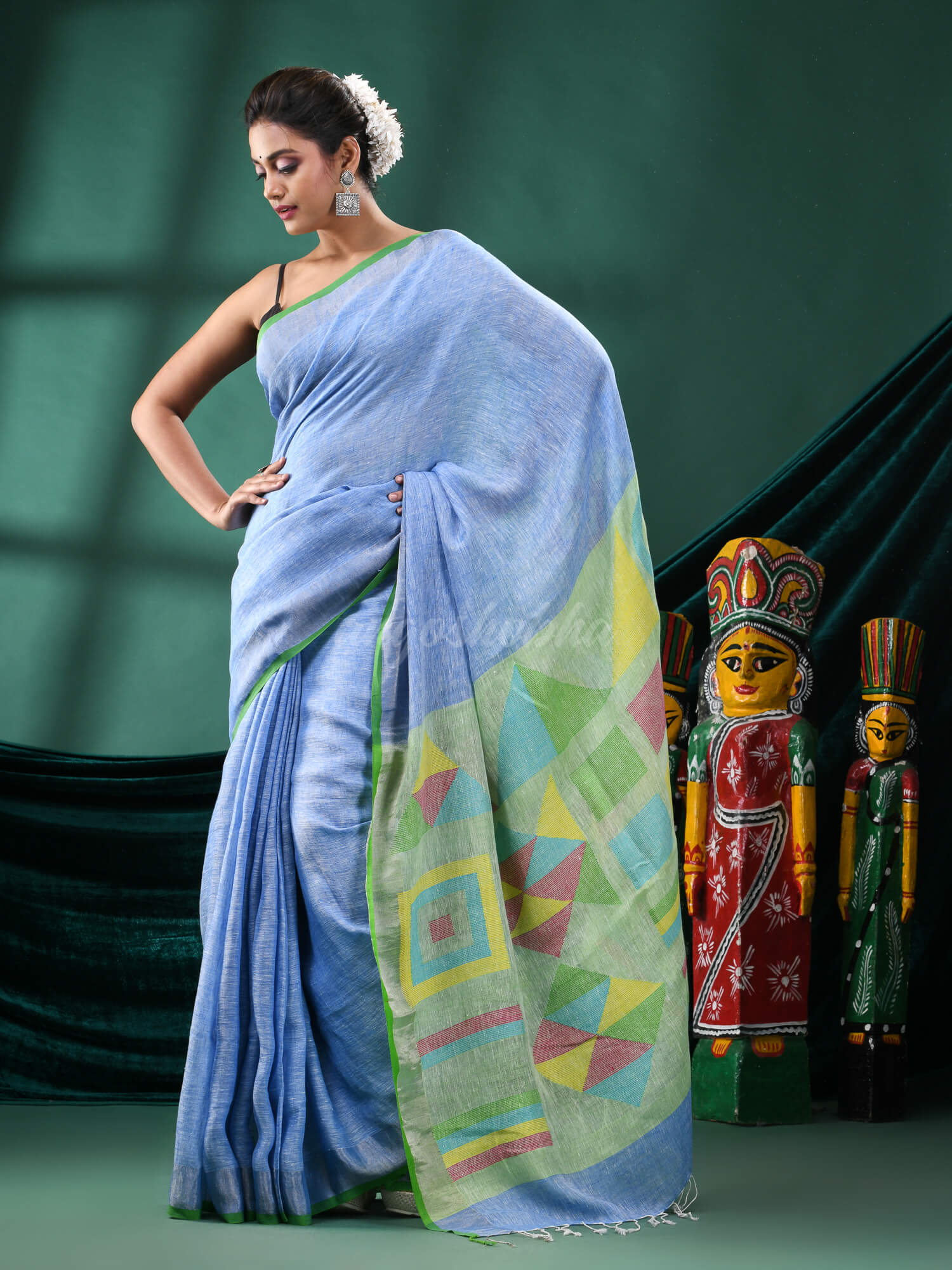 Sky Blue Linen Handloom Saree