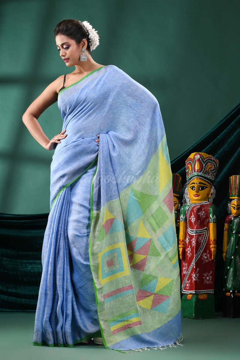 Sky Blue Linen Handloom Saree