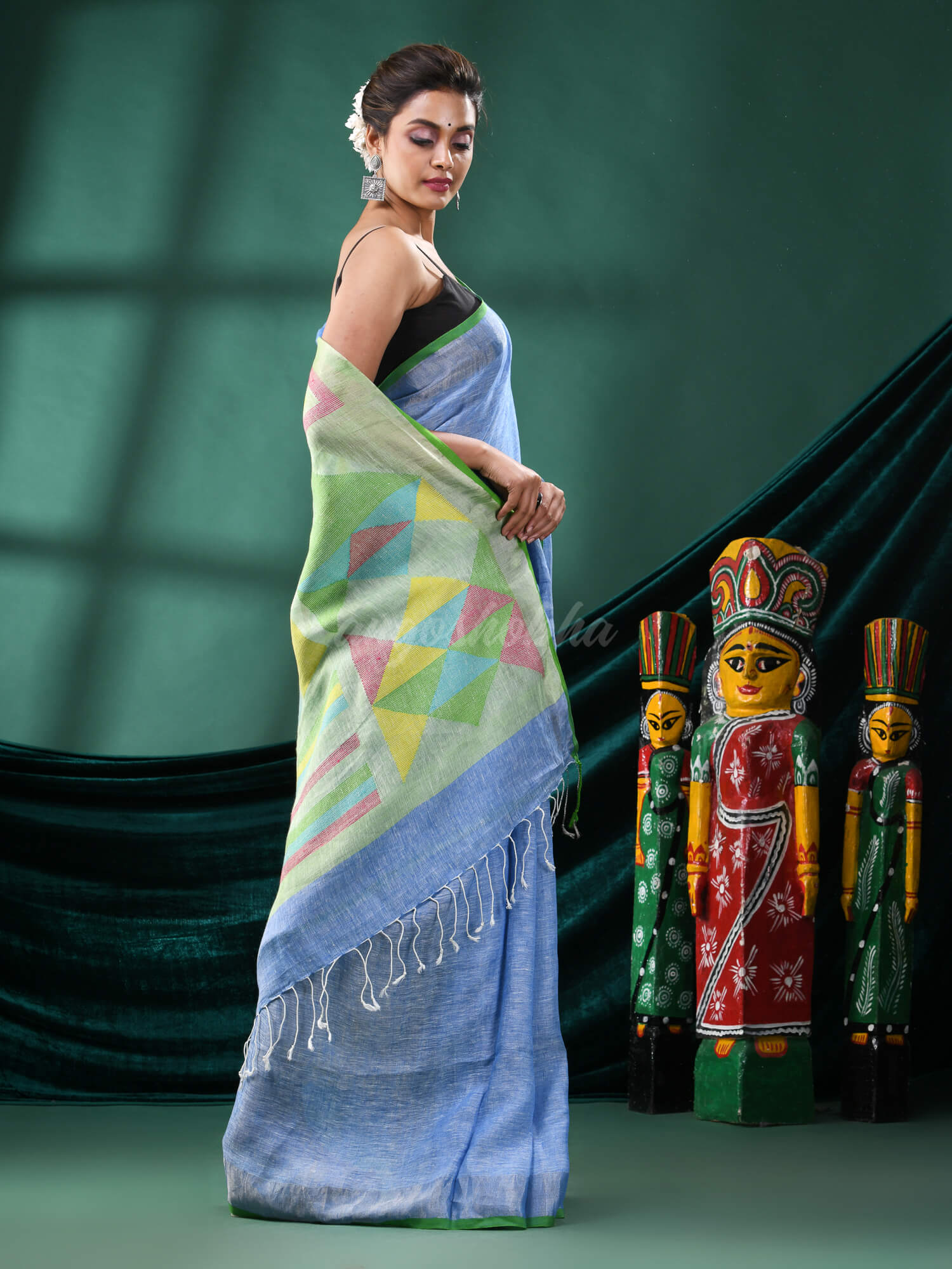 Sky Blue Linen Handloom Saree