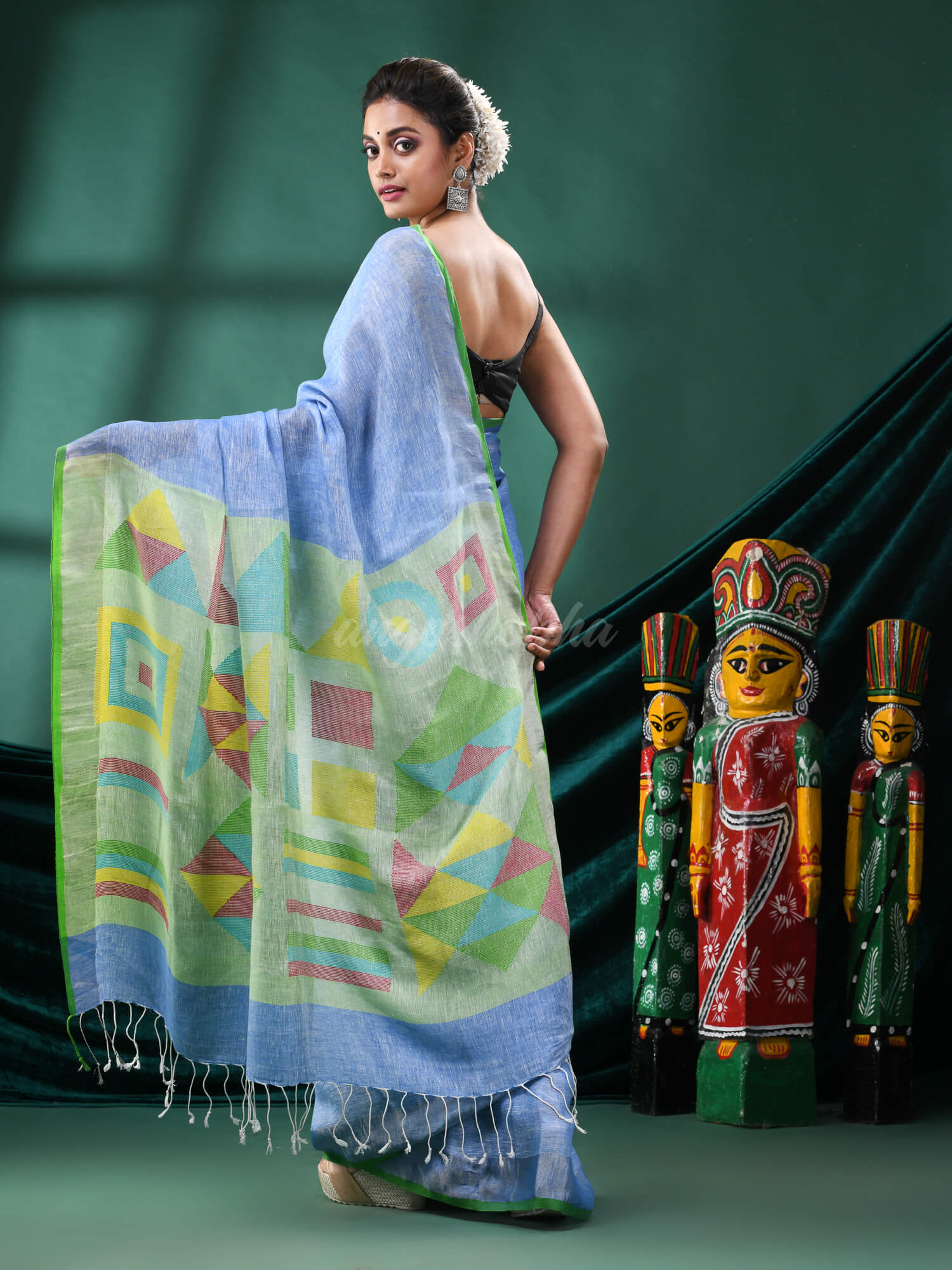 Sky Blue Linen Handloom Saree