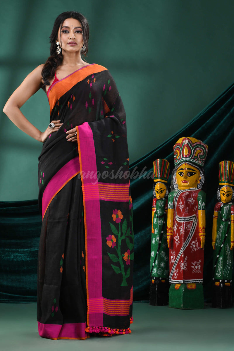 Black Linen Handloom Saree