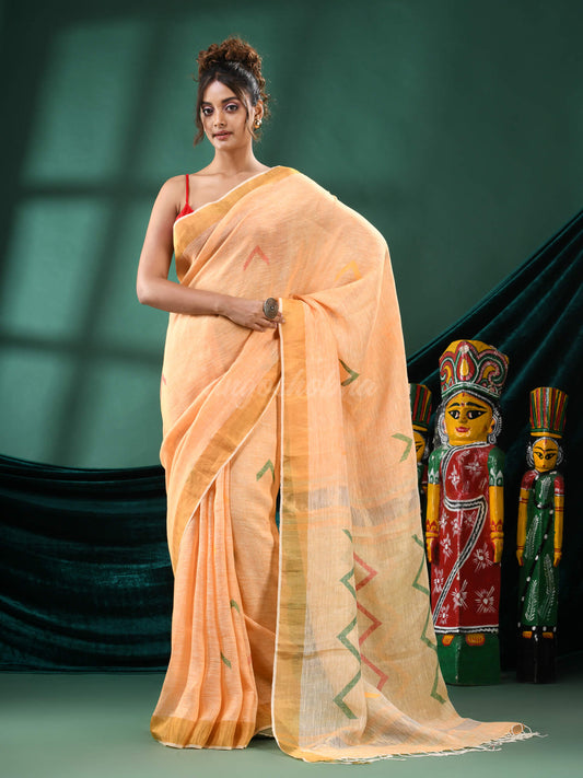 Light Orange Linen Handloom Saree