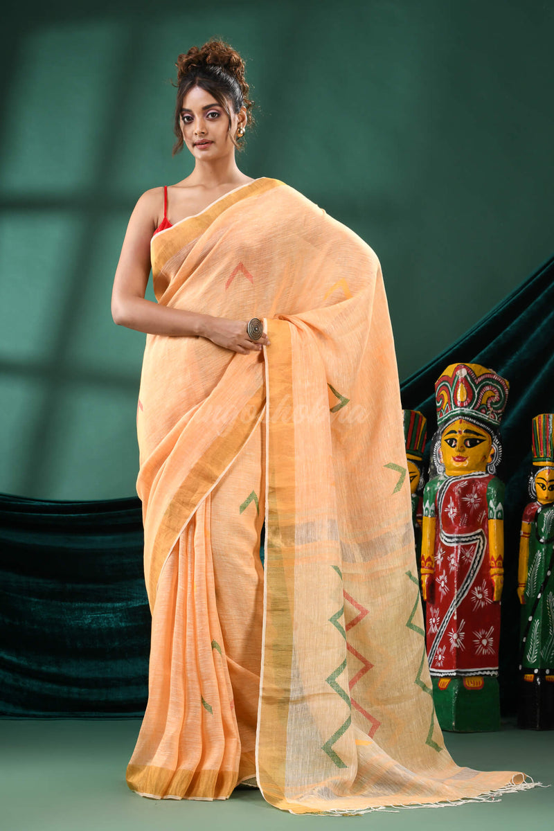 Light Orange Linen Handloom Saree