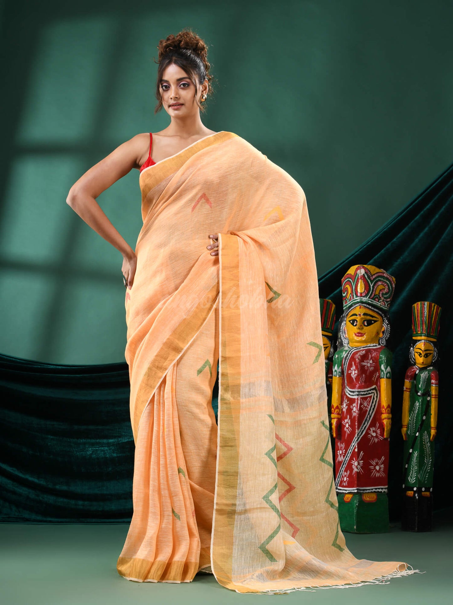 Light Orange Linen Handloom Saree