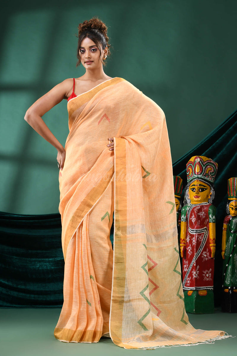 Light Orange Linen Handloom Saree
