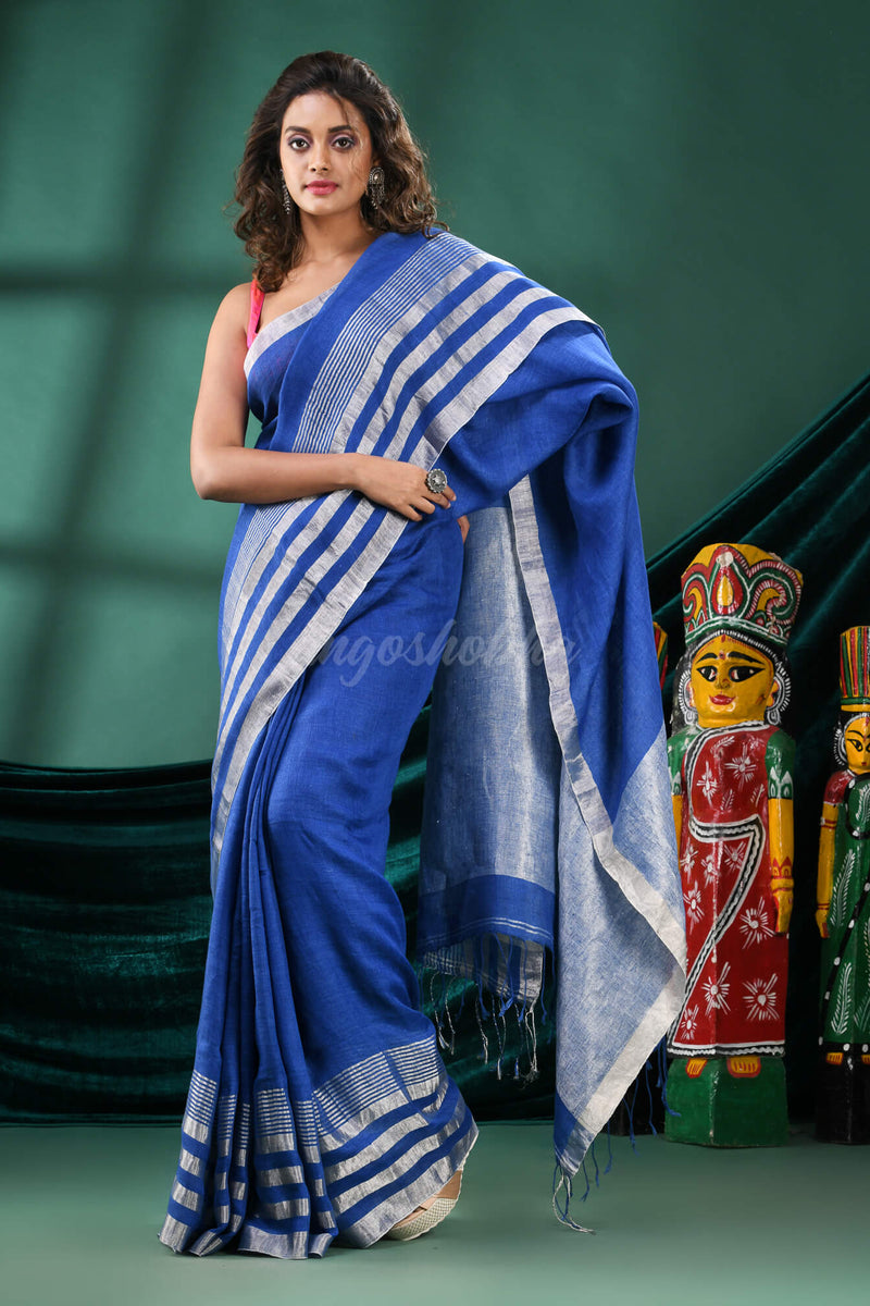 Blue Linen Handloom Saree