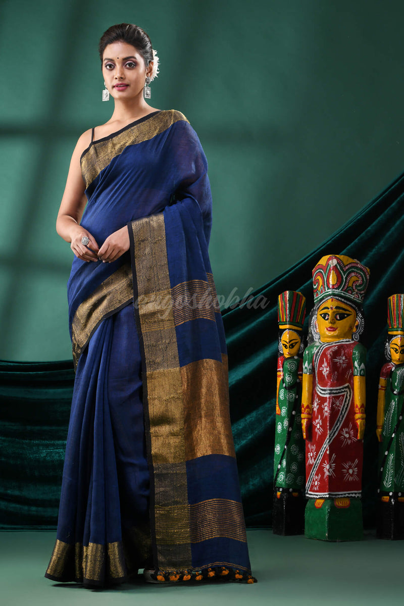 Blue Linen Handloom Saree