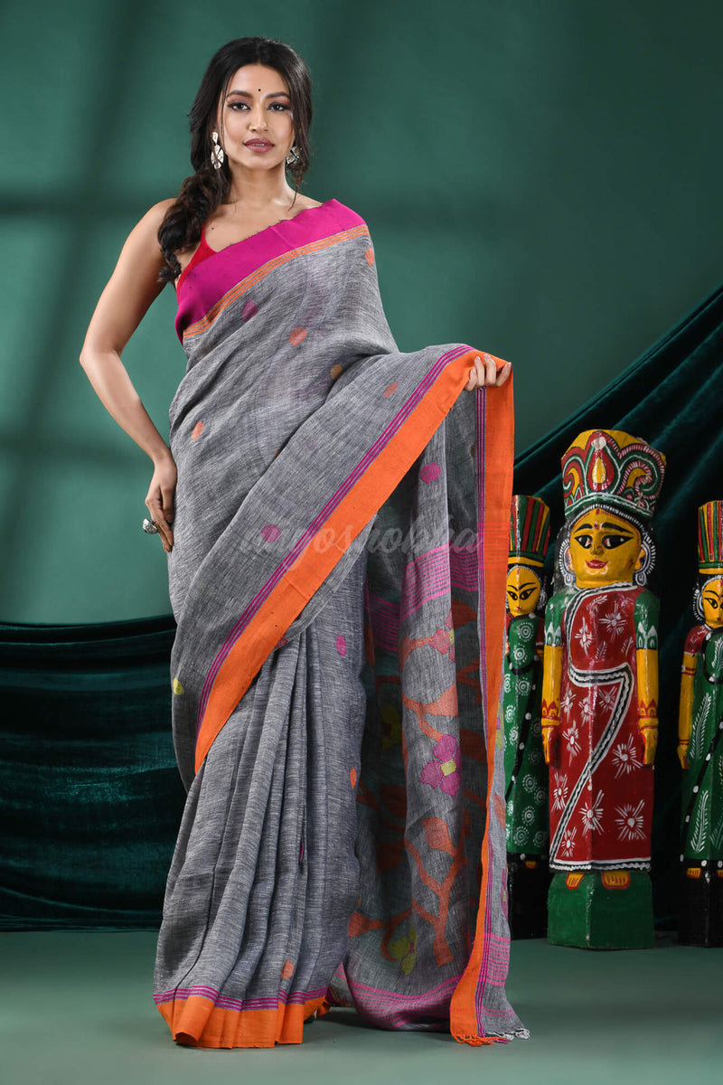 Grey Linen Handloom Saree